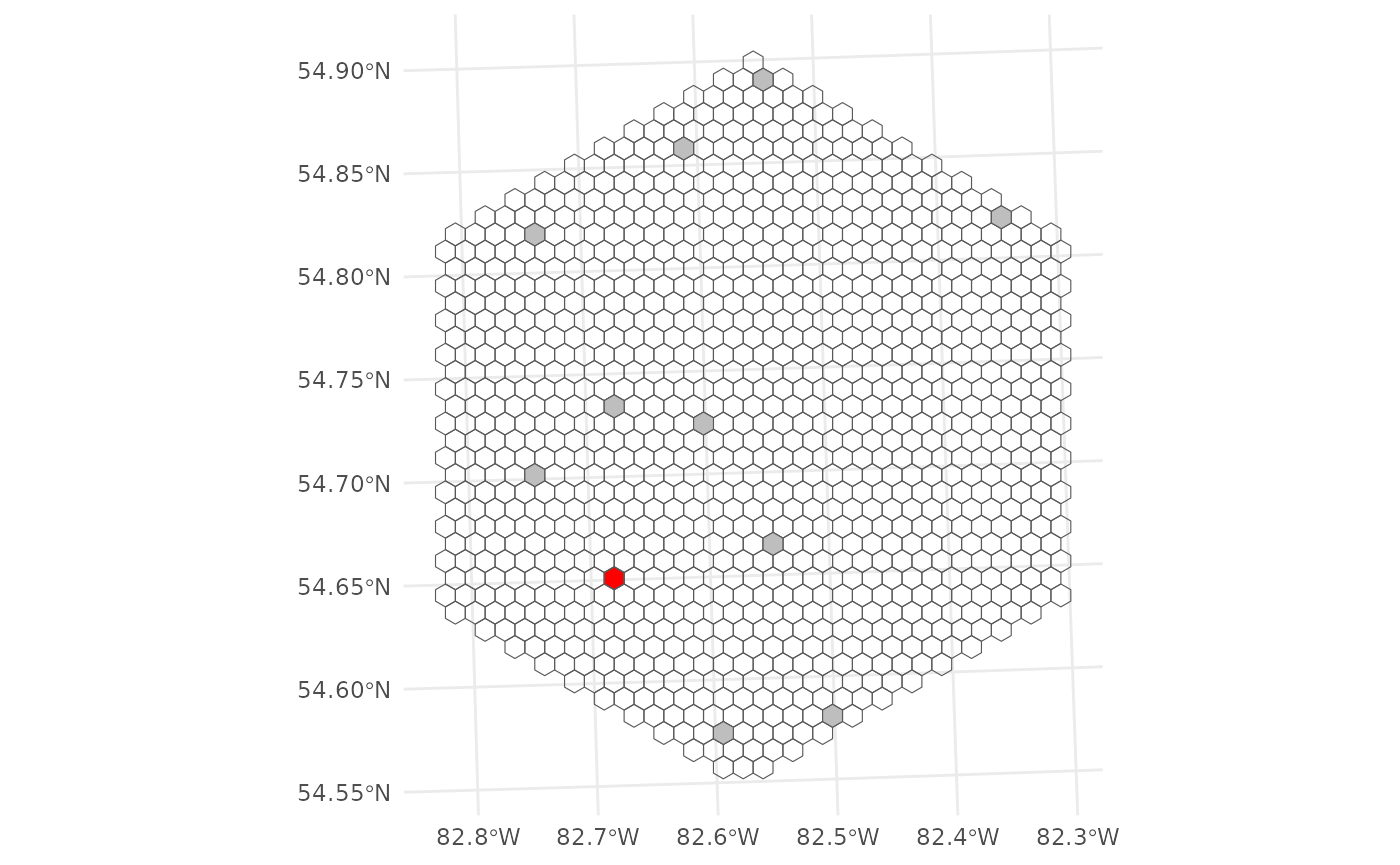 Figure 5. Plot of focal sample unit (red) and the hypothetical sample set (grey) within the study area (all hexagons).